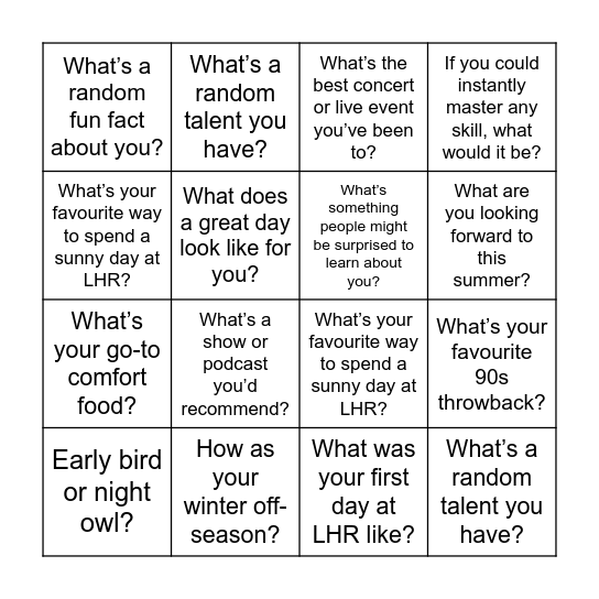 LHR Conversation Bingo Card