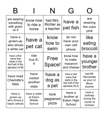 Indoor Recess Bingo Card