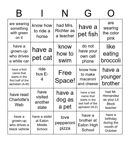 Indoor Recess Bingo Card