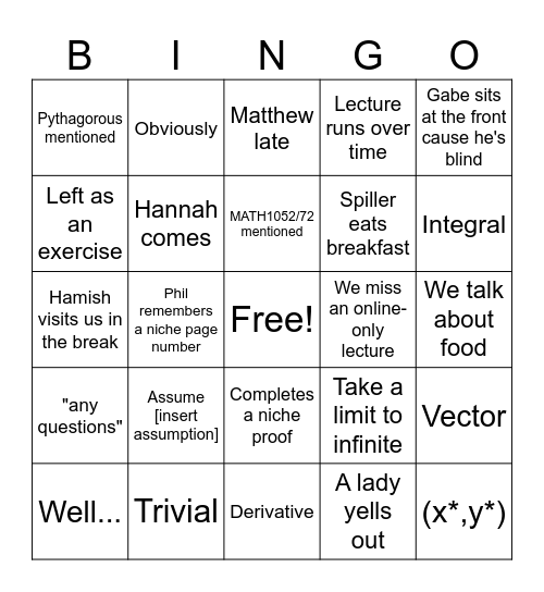MATH2001 Bingo Card