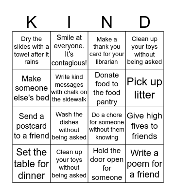 Acts of Kindness Bingo Card