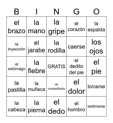 Spanish La Salud Vocab Bingo Card
