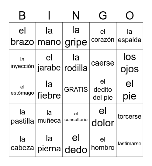 Spanish La Salud Vocab Bingo Card