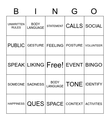 Social Cues Bingo Card