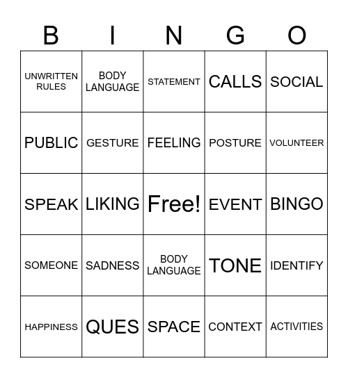 Social Cues Bingo Card