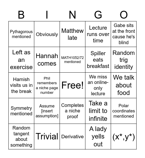 MATH2001 Bingo Card