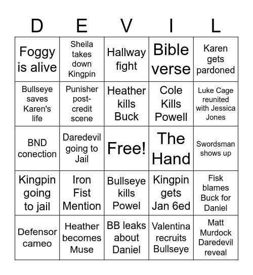 Daredevil Born Again Season 2 Finale Bingo Card
