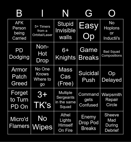 IW Trial By Fire Bingo Card