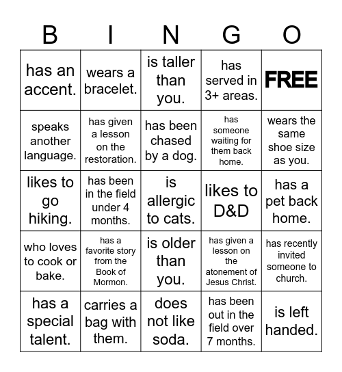 Find a Missionary who.... Bingo Card