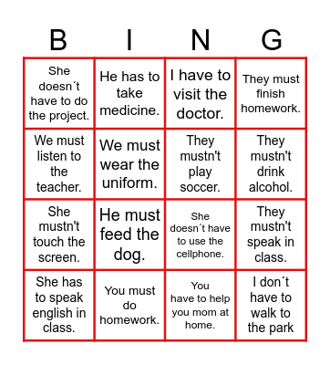 Modal verbs Bingo Card