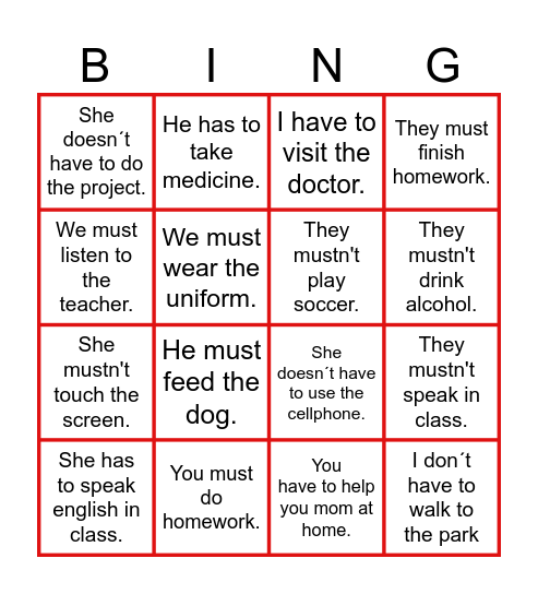 Modal verbs Bingo Card