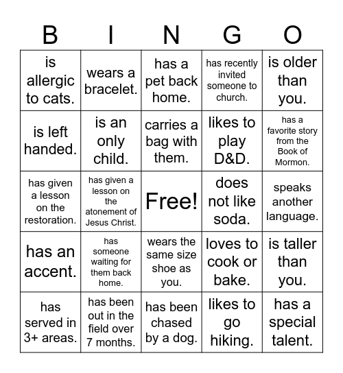 Find a Missionary who... Bingo Card