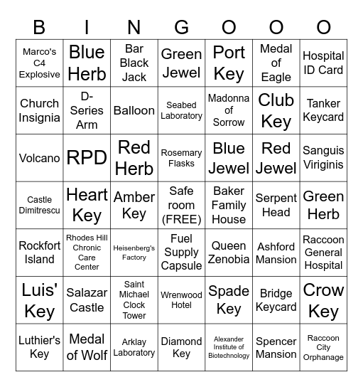 Items/Buildings Bingo Card