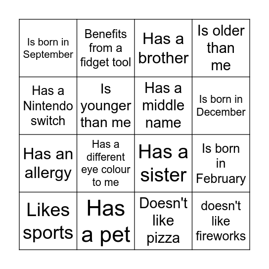 Get to know each other Bingo Card