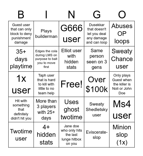Sweaty Server Bingo Card