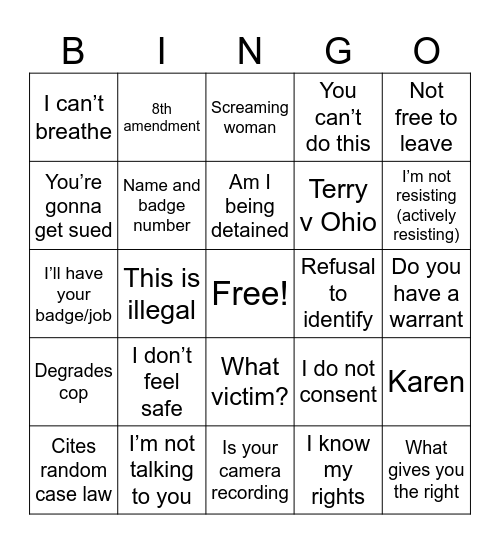 Sovereign Citizen Bingo Card