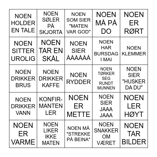 Rop BINGO høyt! (etter talen er ferdig) Bingo Card
