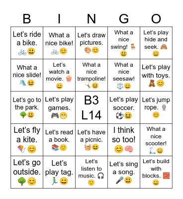 B3 L14 Let’s go outside. 🌳😊 Bingo Card