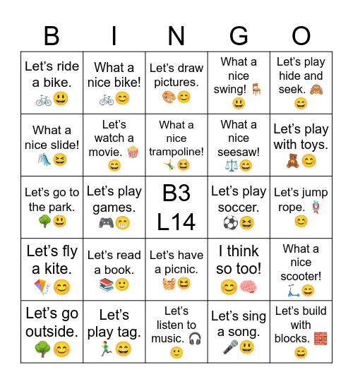 B3 L14 Let’s go outside. 🌳😊 Bingo Card