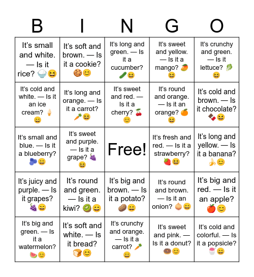 B3 L15 It’s small and white. — Is it rice? 🍚😆 Bingo Card