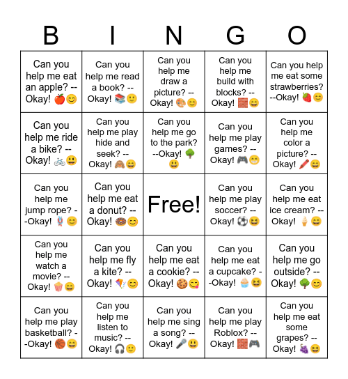 B3 L15 Can you help me eat an apple? --Okay! 🍎😊 Bingo Card