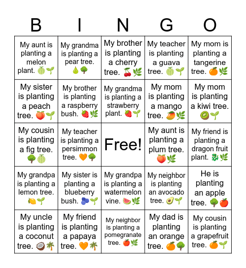B3 L18 He is planting an apple tree. 🌳🍎 Bingo Card