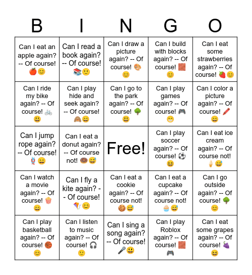 B3 L18 Can I go outside again? -- Of course! 🌳😊 Bingo Card