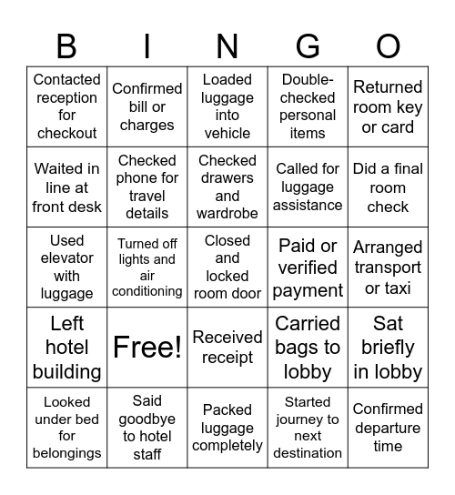 Leaving hotel /check out Bingo Card