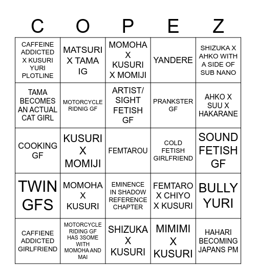 cope list Bingo Card