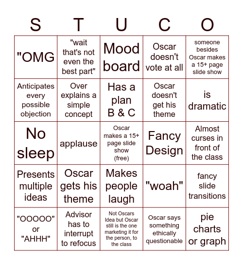 Oscar's Pitching Bingo Card