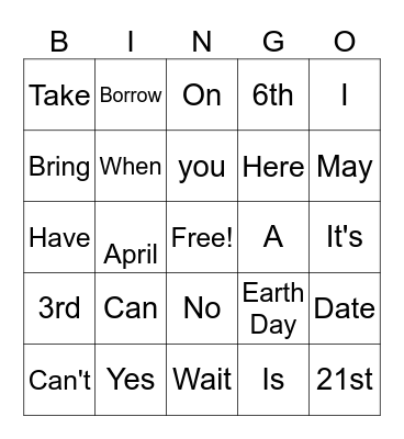 5th and 6th grade English class Bingo Card