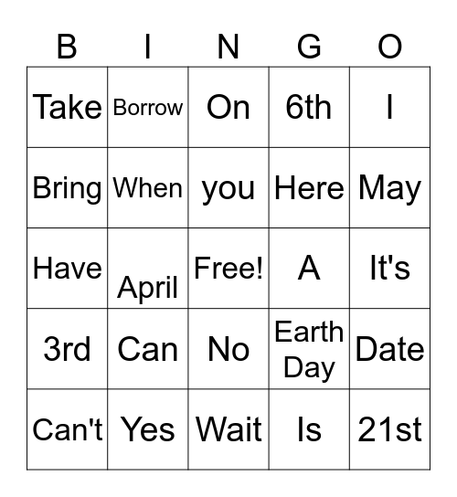 5th and 6th grade English class Bingo Card