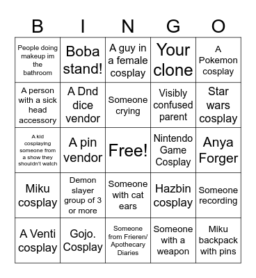 Anime convent bingo Card