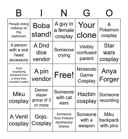 Anime convent bingo Card