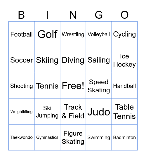 Olympics game Bingo Card