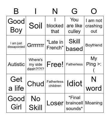 Crashout bingo Card