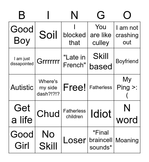 Crashout bingo Card