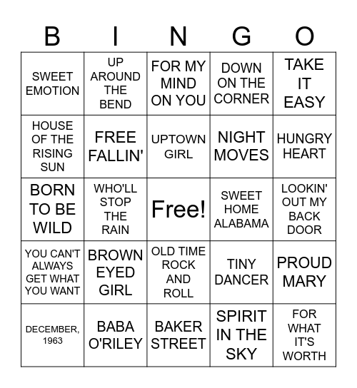 CREDENCE CLEARWATER REVIVAL COVERALL Bingo Card