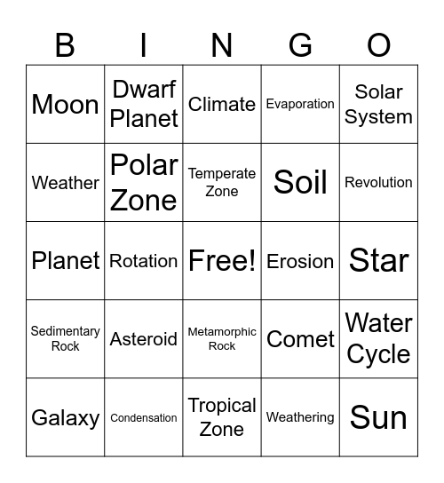 Earth and Space Science Bingo Card