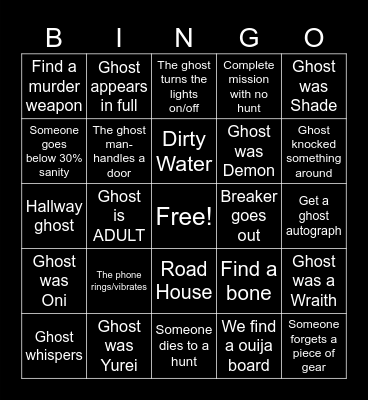 PhasmoPHOBIA Bingo Card