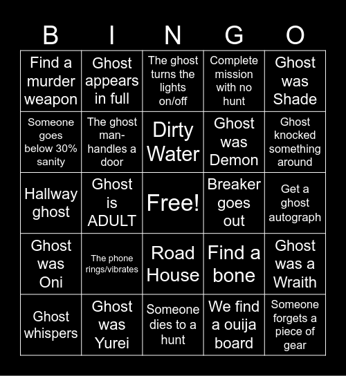 PhasmoPHOBIA Bingo Card