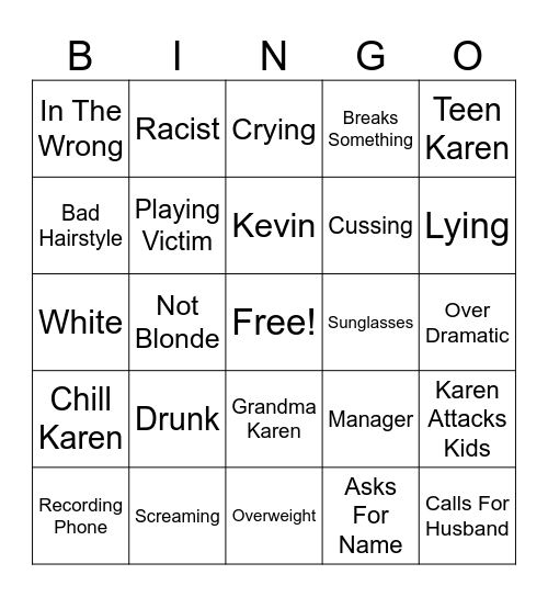 Karen Bingo Card