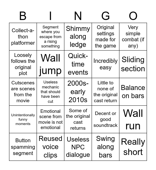 Licensed Movie Game Bingo Card