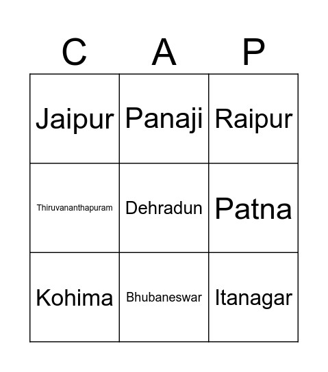 State Capitals Bingo Card