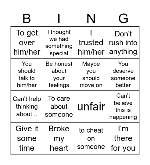 Advice for the heart-broken Bingo Card