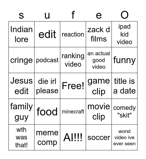 yt shorts bingo ( my sanity is declining) Bingo Card