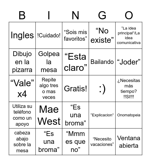 Gramatica Bingo Card