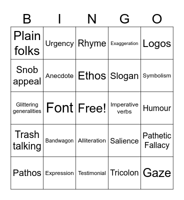 MYP Advertising Techniques Bingo Card
