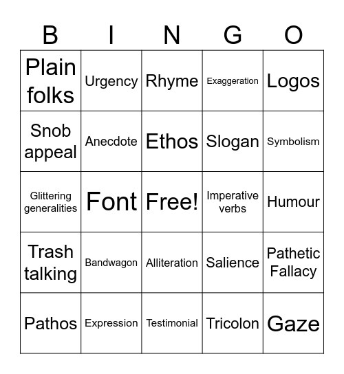 MYP Advertising Techniques Bingo Card