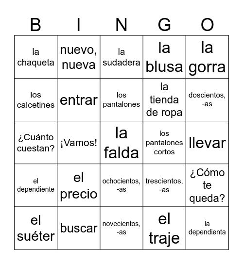 7A vocab Bingo Card